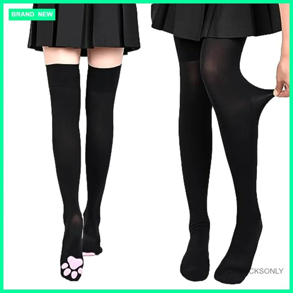 Cat Paw Thigh High Socks with 3D Toe Beans, Soft Velvet Material, Medium Size